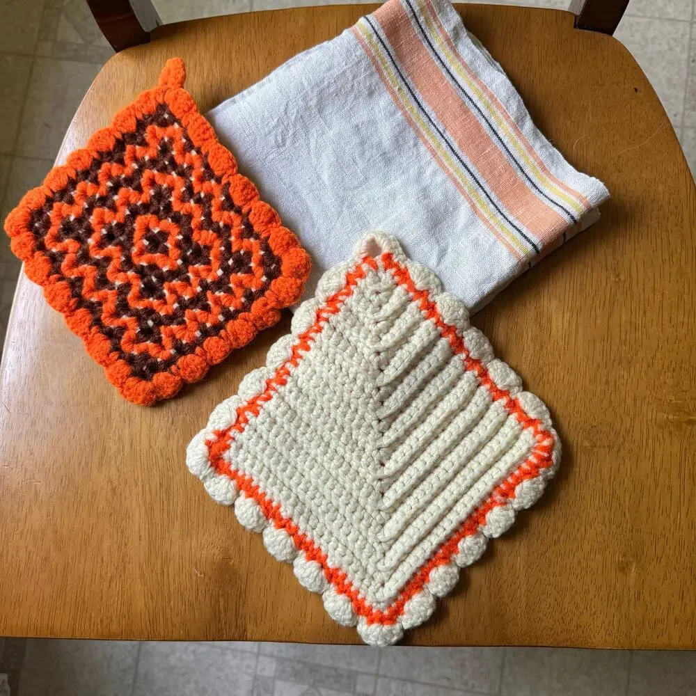 Cottage Core Kitchen Pot Holder Tea Towel Set Orange Brown Fall Thanksgiving
